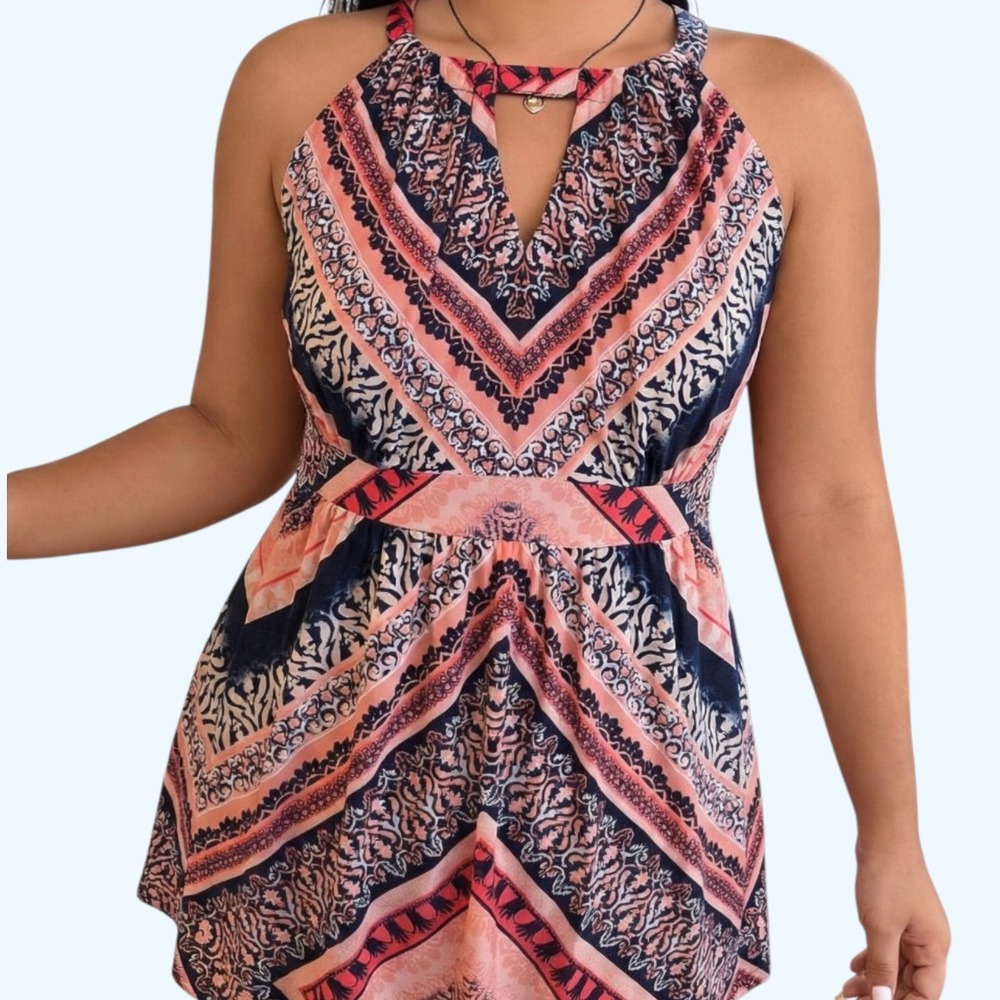INC International Concepts Womens 1X Halter Top Geometric Keyhole Peplum